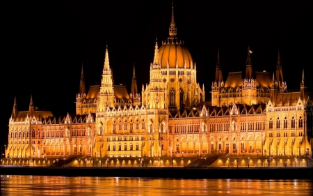 Hungarian Parliament Building - water, night, Hungarian, Parliament, building