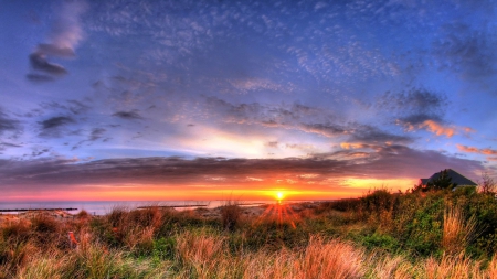 magnificent sunset on a beach house - beach, house, sunset, sea, dunes, grass