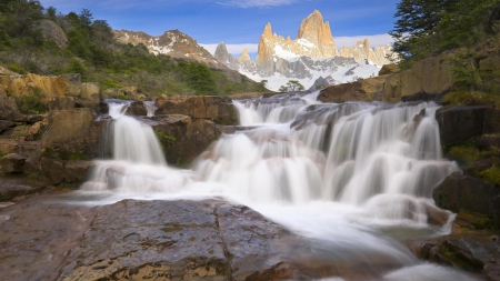 rapids on a river in Patagonia in summer - trees, river, mountains, raoids, rocks