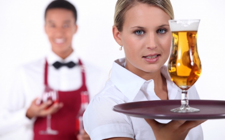 waiter - tray, glass, beer, hotel