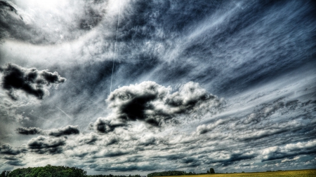 glorious sky over fields - sky, fields, trees, clouds