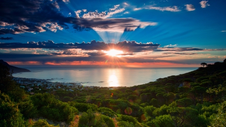 superb sunset on camps bay in capetown so. africa - trees, clouds, city, sunset, bay