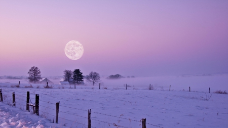 glorious moon over a rural winter scene - moon, winter, fog, farm, fence