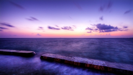 wave barriers in a misty sea hdr - barriers, sundown, mist, hdr, sea