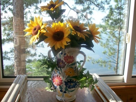 Seven Lakes NC - flowers, vase, lake, still life