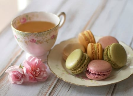 *** Tea time *** - macaronis, roses, tea, food, drinks, cup, cookies