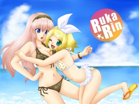 ~Ruka Rin~ - anime, vocaloid, summer, beach, wink, ocean, rin kagamine, swimsuits, megurine luka, friends, sky