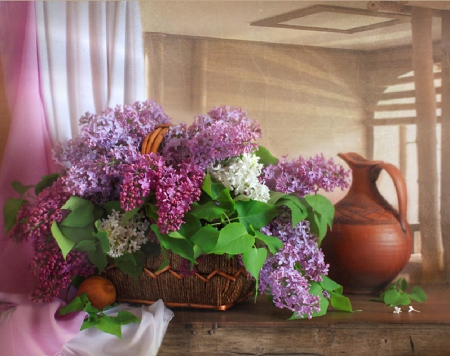 basket of lilacs - flowers, basket, still life, lilacs