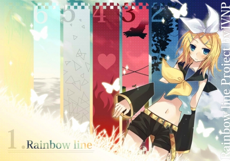 Rainbow Line - colorful, vocaloid, anime, heart, rin kagamine, butterflies