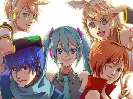 ~Vocaloid~ - anime, vocaloid, meiko, len and rin kagamine, hatsune miku, colorful, kaito, blue hair, friends