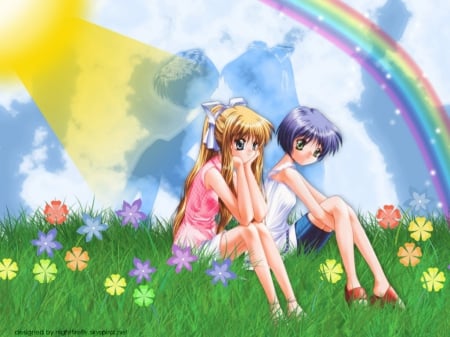 ~Misuzu & Kano~ - rainbow, air, kano kirishima, anime, friends, flowers, misuzu kamio