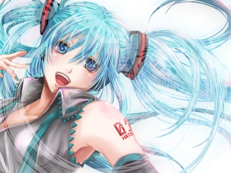 Hatsune Miku - pretty, anime, vocaloid, twin tail, female, twintail, hatsune miku, long hair, happy, blue hair, plain, hd, nice, blue eyes, twin tails, anime girl, twintails, hot, girl, simple, lovely, sweet, smile, white, miku, cute, aqua hair, hatsune, sexy, vocaloids