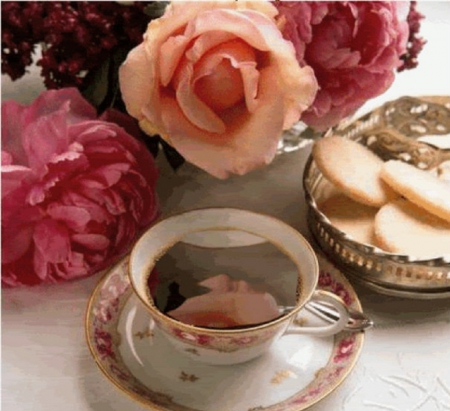 teatime with roses and cookies - roses, cookies, flowers, tea time, still life