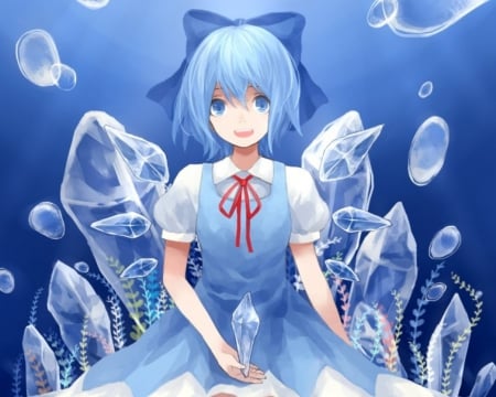 Cirno - cute, hot, anime girl, adorable, girl, wings, ribbon, fairy, blue hair, touhou, pretty, kawaii, short hair, cirno, wing, sweet, anime, dress, blue, nice, lovely, sexy, female, blue eyes, ice