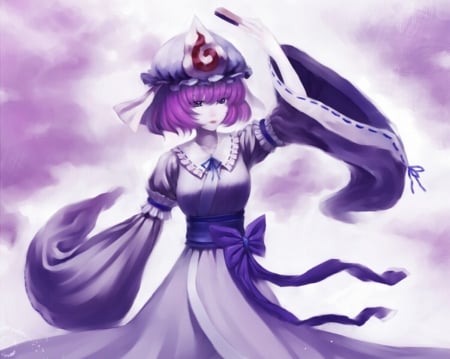 Saigyouji Yuyuko - pretty, anime, female, dress, gloomy, emotional, short hair, touhou, purple, horror, ribbon, hd, nice, purple hair, creepy, hat, gown, anime girl, Saigyouji Yuyuko, serious, beautiful, hot, girl, beauty, lovely, cap, sweet, sinister, cute, sexy