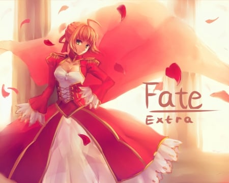 Fate Extra - pretty, saber, anime, elegant, female, dress, fate extra, armor, gorgeous, red, nice, rpg, video game, gown, anime girl, game, hot, girl, lovely, sweet, petals, knight, cute, sexy, fate stay night