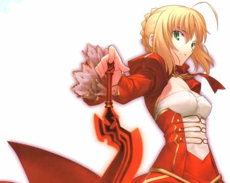 Red Saber - hot, knight, video game, anime girl, elegant, white, sinister, game, sexy, fate stay night, sweet, dress, nice, saber, close up, female, simple, angry, rpg, armor, fate extra, gorgeous, pretty, anime, sword, cute, mad, girl, gown, lovely, green eyes, red, plain, weapon