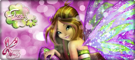 Flora - winx, cute, happy, beautiful, hot, abstract, anime girl, girl, sparks, wings, cartoon, winx club, light, winxclub, fairy, purple, glow, wing, beauty, green eyes, sweet, brown hair, anime, long hair, lovely, sexy, smile, female, flora