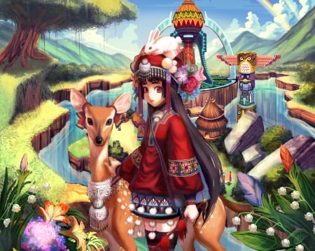 Native - nice, beauty, sky, native, female, hot, anime girl, bunny, pretty, cloud, anime, totem, cute, sexy, rainbow, mountain, girl, long hair, lovely, deer, nature, hd, flora, rabbot, beautiful, blossom, animal, sweet, dress, flower