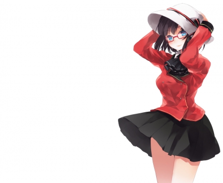 White Hat - pretty, anime, kawaii, female, short hair, red, plain, hd, nice, blue eyes, sunglasses, hat, anime girl, skirt, hot, girl, simple, lovely, cap, sweet, black, white, blouse, glasses, black hair, cute, sexy