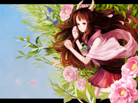 Lady Oni - nice, beauty, female, hot, anime girl, elegant, brown hair, gorgeous, pretty, anime, ribbon, cute, sexy, girl, long hair, gown, lovely, divine, horn, floral, sublime, beautiful, sweet, dress, flower