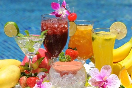 Beach Drinks - juice, sea, fruits, glass, foodstuff