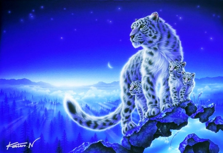 Tiger with Cubs - snowtiger, landscape, artwork, blue