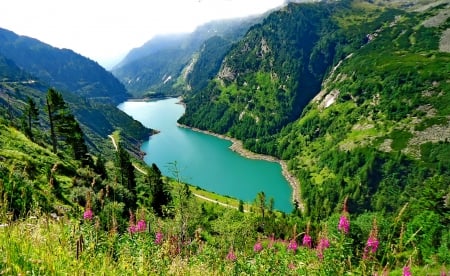 Beautiful lake view - hills, summer, grass, crystal, mountain, flowers, shore, cliffs, lake, nice, emerald, sky, beautiful, slope, lovely, river, nature, green, clear