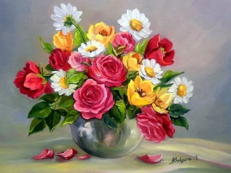 Spring flowers in vase - nice, freshness, roses, delicate, tulips, colorful, bouquet, still life, spring, painting, art, pretty, petals, daisies, harmony, tender, lovely, vase, beautiful, leaves, flowers