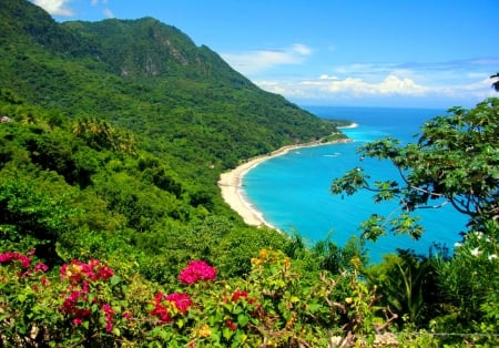 San Rafael beach - nice, sky, beach, roses, greenery, clear, bay, coast, crystal, view, pretty, lagoon, mountain, summer, lovely, exotic, nature, blue, beautiful, rest, san rafael, flowers