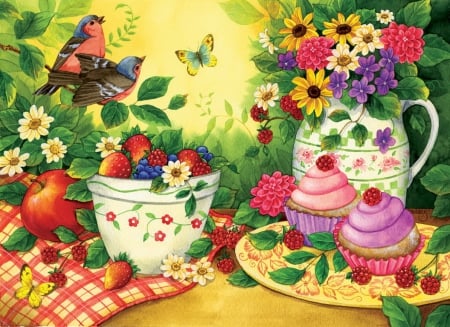 Cupcakes for two - pretty, birds, butterflies, flowers, eat, two, paradise, nice, fruits, cupcakes, vase, greenery, strawberries, beautiful, daises, table, lovely, still life, sweet, party, berries, colorful, candies, cup