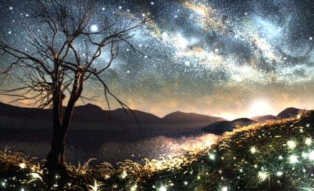 Tree - sky, stars, landscape, anime, scenery, tree, manga