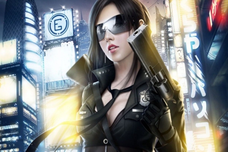 Nika☆ - tie, gun, artwork, city, fantasy, nika, glasses, lights, coqutte, beatifull, sexy