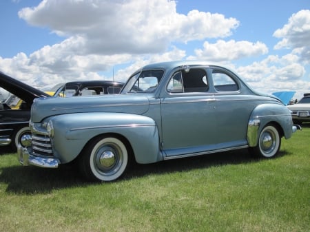 1946 Ford Super Deluxe coupe - white, blue, photography, tires, ford, black