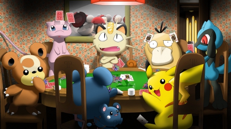 Let's Play Poker! - Cute, Azurill, Teddiursa, Rilou, Azumarill, Poker, Meowth, Pikachu, Psyduck, Pokemon, Mew