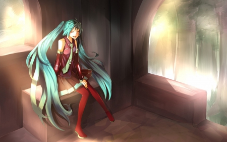 Miku (｡◕‿◕｡) - singing, tie, skirt, relaxing, artwork, vocalod, hastune miku, blue hair, cute, socks, sitting