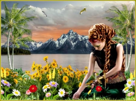 lovely flowers and woman - palms, flower, mountains, woman