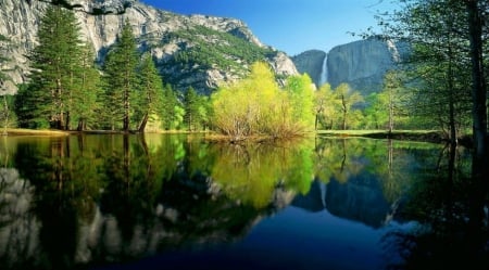 Reflecting Lake - trees, waterfalls, water, blue, reflection, mountain, nature, green, lake, sky