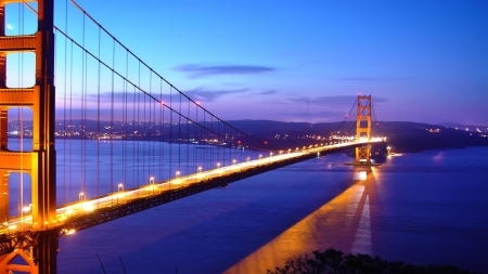 Golden Gate Bridge, San Francisco, California - clouds, water, blue, reflection, architecture, nature, lights, california, lake, sky, bridge