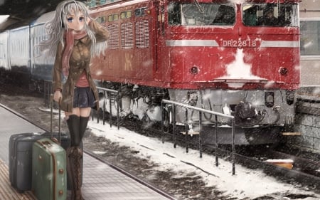 I'm going away!!❄ - anime, skirt, boots, snow, anowing, white hair, baga, train, eshirt, cute, jacket, headhones, cut, blue eyes, silver hair