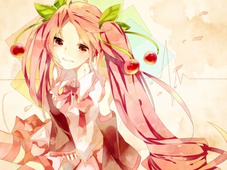 Pretty Sakura Miku - cherries, vocaloid, anime, ponytails, sakura miku, pink hair