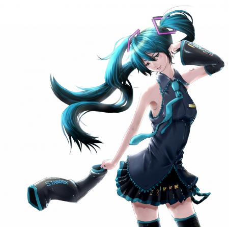 Hatsune Miku - realistic, female, hot, superstar, twintail, singer, simple, anime girl, white, idol, anime, miku, twin tail, cute, hatsune miku, sexy, girl, twintails, long hair, cg, hatsune, vocaloids, hd, blue hair, twin tails, 3d, vocaloid, plain, diva