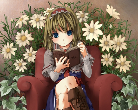 Alice Margatroid - flower, book, cute, alice margatroid, blossom, alice, hot, anime girl, floral, reading, read, touhou, pretty, short hair, sweet, brown hair, anime, hd, dress, chair, nice, lovely, sexy, blue eyes