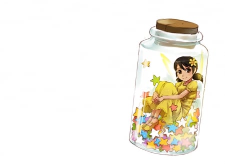 Bottle Fairy - pretty, star, anime, trap, twin tail, kawaii, female, wing, twintail, dress, long hair, inside, plain, chibi, nice, jar, twin tails, gown, anime girl, bottle, twintails, hot, girl, simple, lovely, brown hair, sweet, white, wings, fairy, cute, sexy