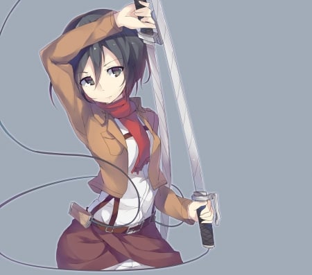 Mikasa Arckerman - anime, female, warrior, short hair, plain, hd, weapon, mikasa, attack on titan, anime girl, mikasa arckerman, serious, hot, girl, sword, simple, sinister, black hair, cute, sexy, Shingeki no Kyojin