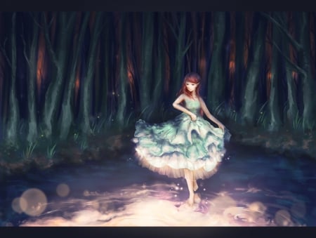 Dancing in the Night - nice, dancer, darkness, anime girl, elegant, gorgeous, sparks, pretty, dark, beuty, anime, dancing, maiden, elf, lady, dance, girl, light, night, gown, lovely, glow, forest, sublime, beautiful, sweet, dress