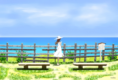 SeaView - pretty, horizon, anime, female, scenery, landscape, scene, dress, grass, bench, field, nice, sky, hat, gown, anime girl, water, beautiful, hot, girl, sea, scenic, beauty, lovely, cap, sweet, ocean, fence, chair, nature, cute, sexy