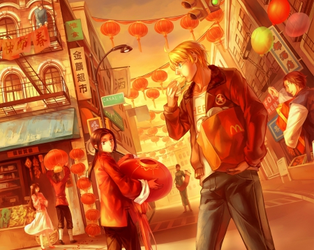 Hetalia Town - female, food, china, night, korea, hetalia, house, hot, chinese, city, cute, america, taiwan, sexy, building, anime, town, vietnam, team, guy, home, boy, male, group, oriental, eat, anime girl, hungry, girl, macau, lantern, handsome, axis powers, eating, hong kong, hetalia axis powers