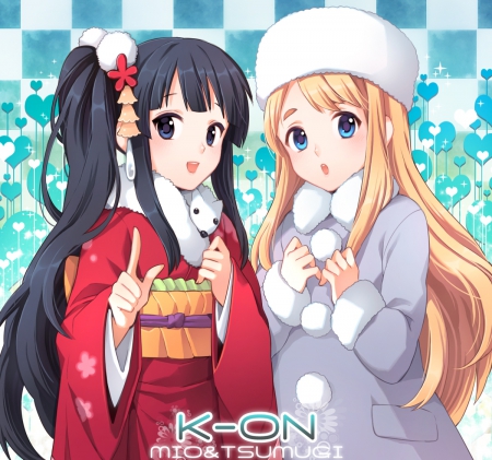 Mio & Tsumugi - pretty, female, akiyama mio, blond, nice, akiyama, kawaai, kon, hot, kimono, yukata, musician, tsumugi, cute, mio, sexy, anime, blonde, blond hair, long hair, kotobuki tsumugi, idol, anime girl, singer, girl, blonde hair, lovely, cap, sweet, k on, fur, diva, black hair, kotobuki