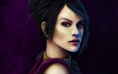 Morrigan - black, sorceress, fantasy, purple, woman, girl, dragon age, morrigan